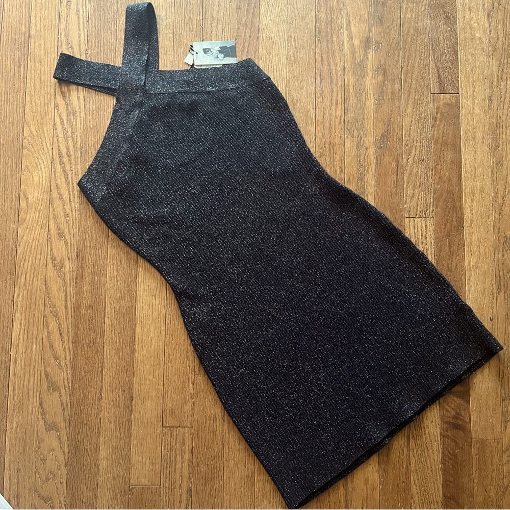 Sincerely Jules Black Knit Metallic Sparkle Mini Dress Cross Neckline Bodycon M
